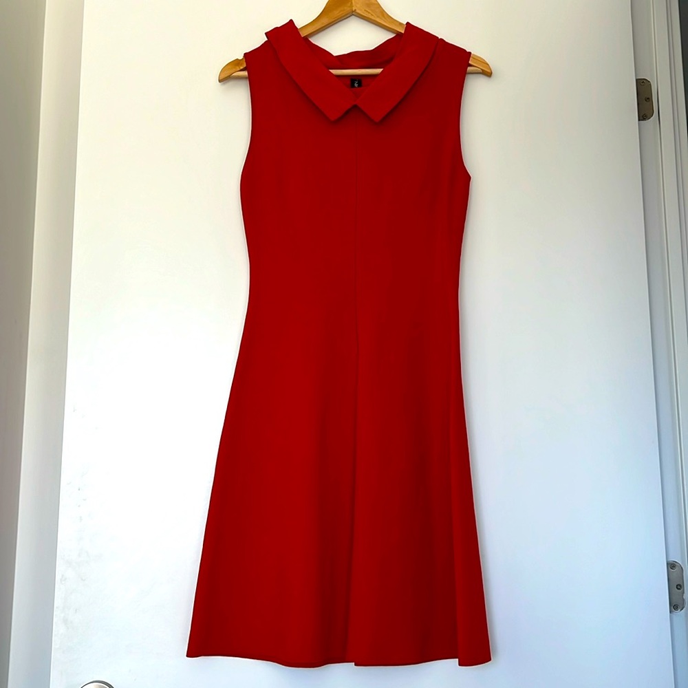 Marc Cain Orangey-Red Fit and Flare Stretch Dress Collar